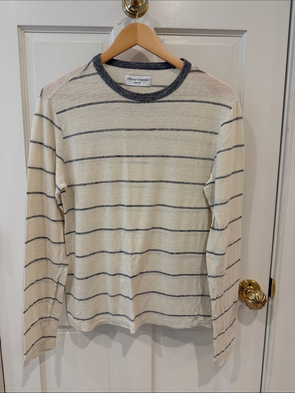 Officine Generale Cream and Grey Striped Long-Sleeve Crewneck